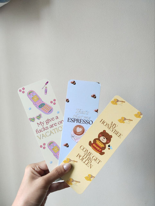 Espresso bookmark, honeybee come get this pollen bookmark, my give a f bookmark, Sabrina carpenter bookmark