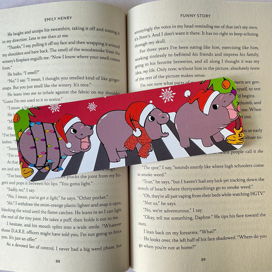 Pigmy hippo bookmark, moo deng bookmark,  Christmas bookmark