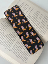 Load image into Gallery viewer, Reading is my rodeo bookmark, spooky cowboy boots bookmark
