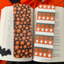 Load image into Gallery viewer, Summerween floral bookmark, Ghost and pumpkin pattern bookmark
